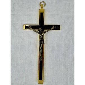 Vintage 8" Clergy Pectoral Crucifix Heavy Brass Ebony Wood Priest Nun Cross Goth